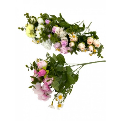 FLORI ARTIFICIALE - BUCHET TRANDAFIRASI+HORTENSIE+MUSETEL+EUCALIPT H:32CM - DIVERSE CULORI